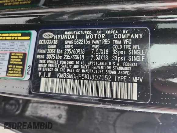 2019 Hyundai Santa Fe SE с VIN KM8SMDHF5KU307152, выставлен на аукционе Copart как лот 81616625 с пробегом 41 687 миль миль и Списание • Salvage title. История ставок и продаж доступна на DreamBid. Изображение 13.