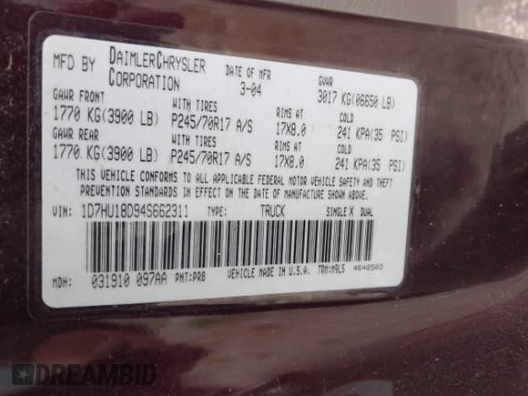 2004 Dodge 1500 SLT with VIN 1D7HU18D94S662311, listed as a IAAI auction lot 43059345 with 112,708 mi miles and . Bid and sale history available at DreamBid. Image 9.