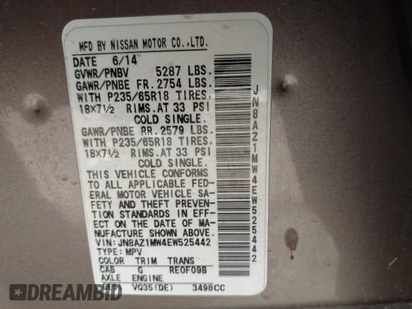 2014 Nissan Murano LE with VIN JN8AZ1MW4EW525442, listed as a IAAI auction lot 42853327 with 121,769 mi miles and . Bid and sale history available at DreamBid. Image 9.