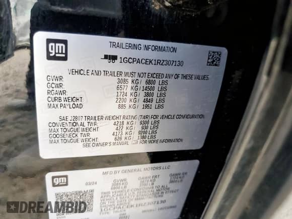 2024 Chevrolet Silverado 1500 LT с VIN 1GCPACEK1RZ307130, выставлен на аукционе Copart как лот 86465365 с пробегом Не указан миль и Списание • Salvage title. История ставок и продаж доступна на DreamBid. Изображение 12.