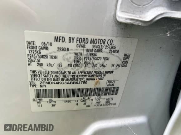 2010 Ford Edge Limited с VIN 2FMDK4KC3ABB63750, выставлен на аукционе Copart как лот 87107455 с пробегом 198 424 миль миль и Чистый • Clean title. История ставок и продаж доступна на DreamBid. Изображение 10.