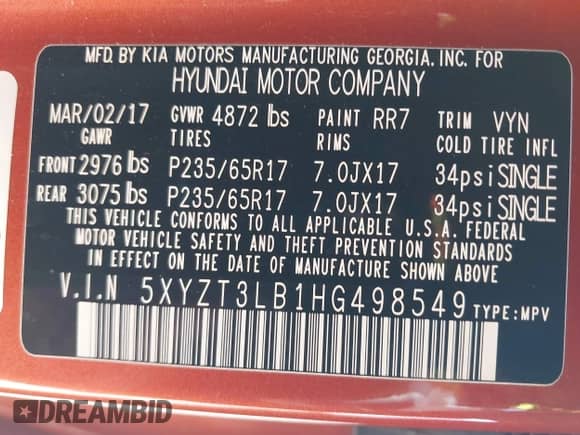 2017 Hyundai Santa Fe 2.4L with VIN 5XYZT3LB1HG498549, listed as a IAAI auction lot 43409531 with 135,170 mi miles and . Bid and sale history available at DreamBid. Image 9.