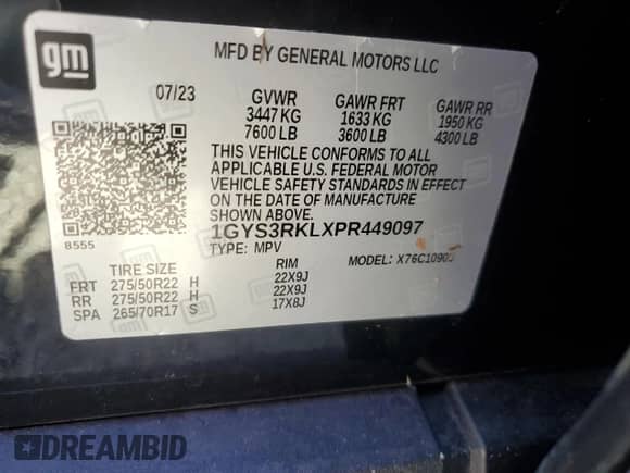 2023 Cadillac Escalade with VIN 1GYS3RKLXPR449097, listed as a Copart auction lot 74205474 with Not provided miles and Salvage title. Bid and sale history available at DreamBid. Image 13.
