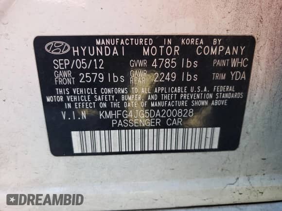 2013 Hyundai Azera с VIN KMHFG4JG5DA200828, выставлен на аукционе Copart как лот 79511064 с пробегом 93 478 миль миль и Списание • Salvage title. История ставок и продаж доступна на DreamBid. Изображение 13.