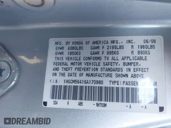 2006 Honda Accord LX z VIN 1HGCM56416A170980, wystawiony jako IAAI lot #43283364 z przebiegiem 198 336 mil mil oraz . Historia ofert i sprzedaży dostępna na DreamBid. Obrazek 9.