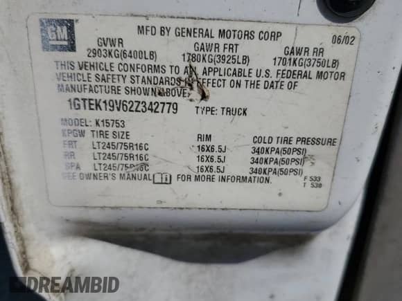 2002 GMC Sierra 1500 SLE с VIN 1GTEK19V62Z342779, выставлен на аукционе Copart как лот 59366145 с пробегом Не указан миль и Списание • Salvage title. История ставок и продаж доступна на DreamBid. Изображение 12.