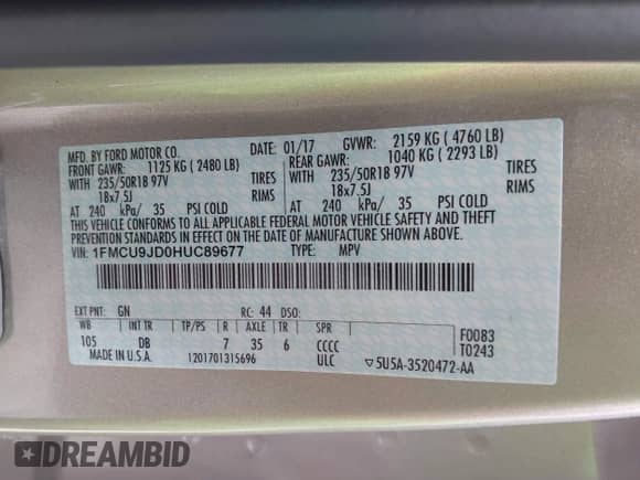 2017 Ford Escape Titanium with VIN 1FMCU9JD0HUC89677, listed as a IAAI auction lot 43418612 with 30,638 mi miles and . Bid and sale history available at DreamBid. Image 9.