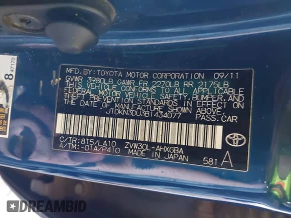 2011 Toyota Prius II with VIN JTDKN3DU3B1434077, listed as a IAAI auction lot 43291344 with 180,559 mi miles and . Bid and sale history available at DreamBid. Image 9.