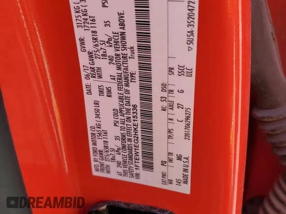 2017 Ford F-150 XL with VIN 1FTEW1EG2HKE15336, listed as a Copart auction lot 70280615 with 139,588 mi miles and Salvage title. Bid and sale history available at DreamBid. Image 12.