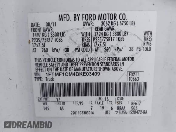 2011 Ford F-150 XL with VIN 1FTMF1CM4BKE03409, listed as a IAAI auction lot 43380101 with 103,668 mi miles and . Bid and sale history available at DreamBid. Image 9.