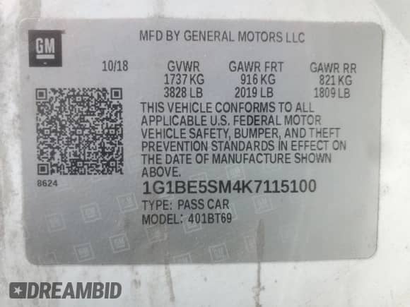 2019 Chevrolet Cruze LT с VIN 1G1BE5SM4K7115100, выставлен на аукционе Copart как лот 85007575 с пробегом 172 915 миль миль и Чистый • Clean title. История ставок и продаж доступна на DreamBid. Изображение 12.