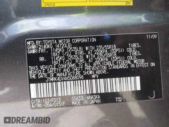 2010 Toyota RAV4 Sport with VIN JTMRK4DV4A5088098, listed as a IAAI auction lot 42766531 with 85,191 mi miles and . Bid and sale history available at DreamBid. Image 9.