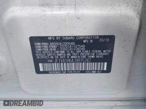 2018 Subaru WRX Limited with VIN JF1VA1H64J9835247, listed as a IAAI auction lot 42995145 with 68,838 mi miles and . Bid and sale history available at DreamBid. Image 9.