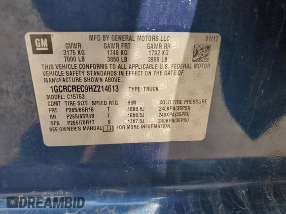 2017 Chevrolet Silverado 1500 LT with VIN 1GCRCREC9HZ214613, listed as a Copart auction lot 72075875 with 96,241 mi miles and Clean title. Bid and sale history available at DreamBid. Image 12.