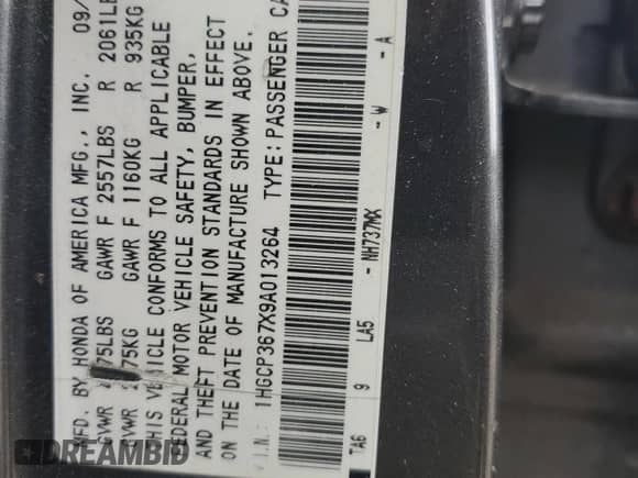 2009 Honda Accord EX with VIN 1HGCP367X9A013264, listed as a Copart auction lot 62683305 with 211,355 mi miles and Salvage title. Bid and sale history available at DreamBid. Image 12.