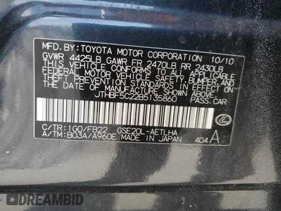 2011 Lexus IS 250 z VIN JTHBF5C22B5135860, wystawiony jako Copart lot #55130925 z przebiegiem 197 720 mil mil oraz Szkoda całkowita • Salvage title. Historia ofert i sprzedaży dostępna na DreamBid. Obrazek 12.