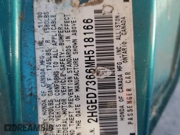 1991 Honda Civic с VIN 2HGED7366MH518166, выставлен на аукционе Copart как лот 87556605 с пробегом Не указан миль и Списание • Salvage title. История ставок и продаж доступна на DreamBid. Изображение 12.