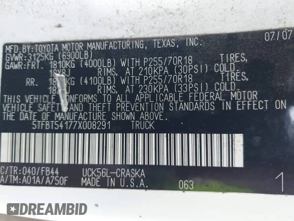 2007 Toyota Tundra SR5 с VIN 5TFBT54177X008291, выставлен на аукционе IAAI как лот 43185810 с пробегом 248 297 миль миль и . История ставок и продаж доступна на DreamBid. Изображение 9.