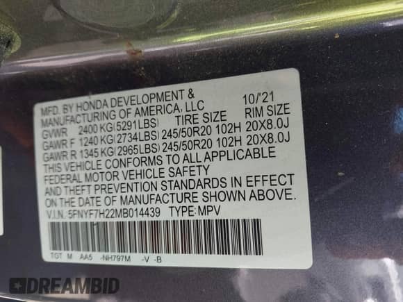 2021 Honda Passport Sport z VIN 5FNYF7H22MB014439, wystawiony jako IAAI lot #43172715 z przebiegiem 34 103 mil mil oraz . Historia ofert i sprzedaży dostępna na DreamBid. Obrazek 9.