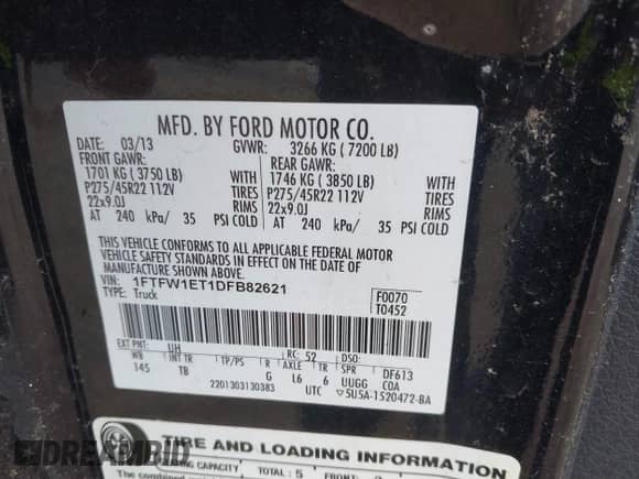 2013 Ford F-150 XL with VIN 1FTFW1ET1DFB82621, listed as a IAAI auction lot 42561764 with 128,111 mi miles and . Bid and sale history available at DreamBid. Image 9.