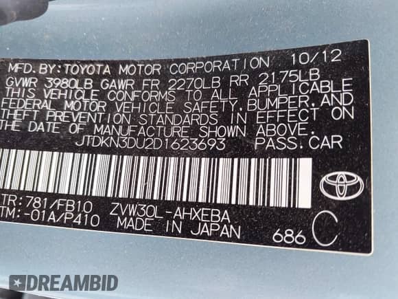 2013 Toyota Prius One with VIN JTDKN3DU2D1623693, listed as a IAAI auction lot 42680303 with 146,175 mi miles and . Bid and sale history available at DreamBid. Image 9.
