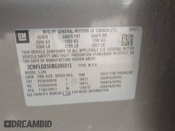 2011 Chevrolet Equinox LTZ с VIN 2CNFLGE56B6389313, выставлен на аукционе IAAI как лот 42871784 с пробегом 246 914 миль миль и . История ставок и продаж доступна на DreamBid. Изображение 9.