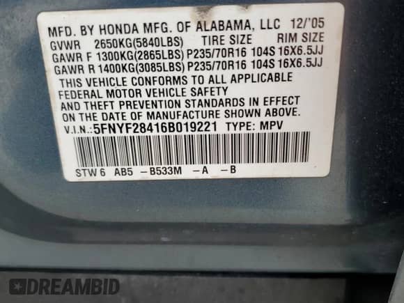 2006 Honda Pilot EX с VIN 5FNYF28416B019221, выставлен на аукционе Copart как лот 63259505 с пробегом 156 122 миль миль и Чистый • Clean title. История ставок и продаж доступна на DreamBid. Изображение 13.