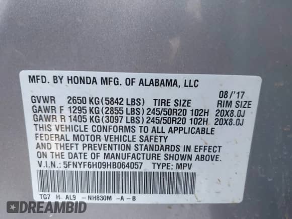 2017 Honda Pilot Elite with VIN 5FNYF6H09HB064057, listed as a IAAI auction lot 42933904 with 51,184 mi miles and . Bid and sale history available at DreamBid. Image 9.