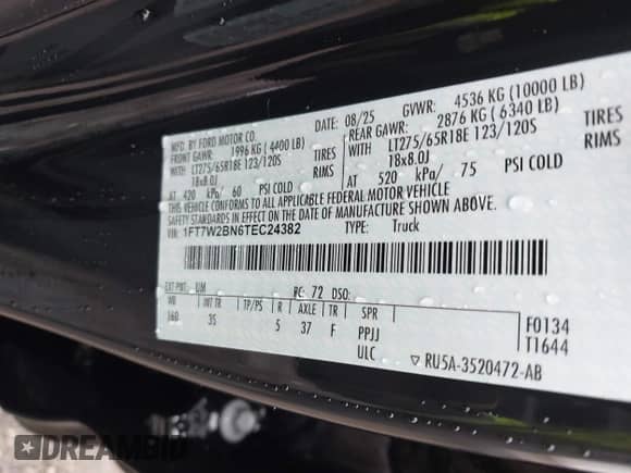 2026 Ford F-250 XL with VIN 1FT7W2BN6TEC24382, listed as a IAAI auction lot 43566771 with 451 mi miles and . Bid and sale history available at DreamBid. Image 9.