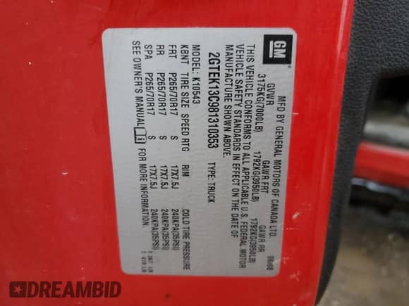 2008 GMC Sierra 1500 SL with VIN 2GTEK13C981310353, listed as a Copart auction lot 88558965 with 229,469 mi miles and Salvage title. Bid and sale history available at DreamBid. Image 14.