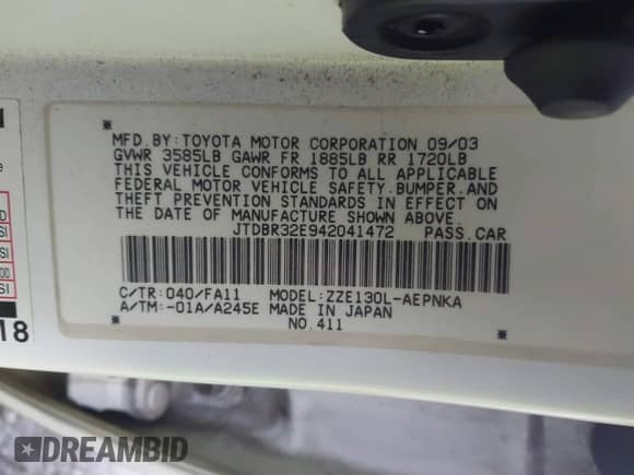 2004 Toyota Corolla CE z VIN JTDBR32E942041472, wystawiony jako IAAI lot #43225890 z przebiegiem 144 291 mil mil oraz . Historia ofert i sprzedaży dostępna na DreamBid. Obrazek 9.