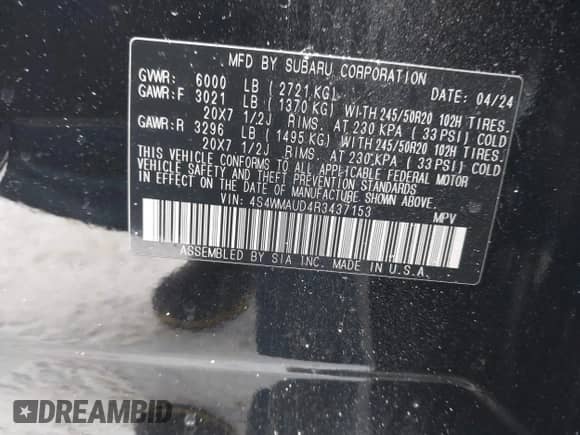 2024 Subaru Ascent Limited z VIN 4S4WMAUD4R3437153, wystawiony jako IAAI lot #41328713 z przebiegiem 17 845 mil mil oraz . Historia ofert i sprzedaży dostępna na DreamBid. Obrazek 9.