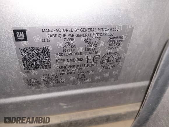 2018 Chevrolet Traverse LT с VIN 1GNEVHKW3JJ161923, выставлен на аукционе IAAI как лот 42979810 с пробегом 130 054 миль миль и . История ставок и продаж доступна на DreamBid. Изображение 9.