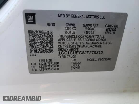 2018 Chevrolet Silverado 2500HD Work Truck z VIN 1GC1CUEG8JF270312, wystawiony jako Copart lot #82827864 z przebiegiem Nie podano mil oraz Szkoda całkowita • Salvage title. Historia ofert i sprzedaży dostępna na DreamBid. Obrazek 12.