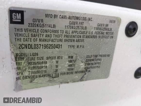 2009 Chevrolet Equinox Sport с VIN 2CNDL037196250431, выставлен на аукционе IAAI как лот 41486308 с пробегом 199 069 миль миль и . История ставок и продаж доступна на DreamBid. Изображение 9.