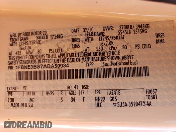 2010 Ford Econoline Cargo с VIN 1FBNE3BS7ADA50934, выставлен на аукционе Copart как лот 44568935 с пробегом 44 449 миль миль и Списание • Salvage title. История ставок и продаж доступна на DreamBid. Изображение 13.