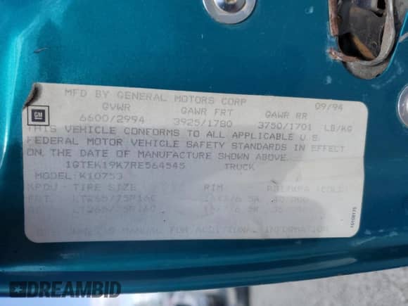 1994 GMC Sierra 1500 с VIN 1GTEK19K7RE564545, выставлен на аукционе Copart как лот 59007525 с пробегом 210 044 миль миль и Списание • Salvage title. История ставок и продаж доступна на DreamBid. Изображение 12.