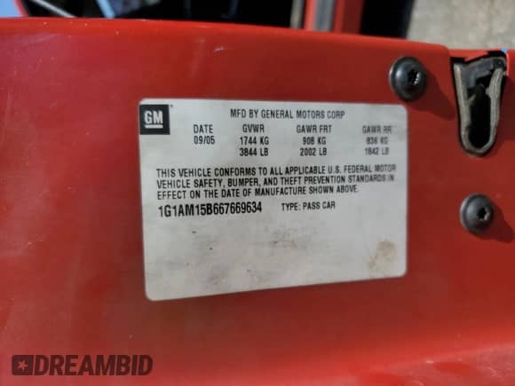 2006 Chevrolet Cobalt SS с VIN 1G1AM15B667669634, выставлен на аукционе Copart как лот 61610315 с пробегом 246 851 миль миль и Списание • Salvage title. История ставок и продаж доступна на DreamBid. Изображение 12.