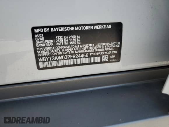 2023 BMW i4 eDrive40 with VIN WBY73AW03PFR24456, listed as a Copart auction lot 62316655 with 16,655 mi miles and Salvage title. Bid and sale history available at DreamBid. Image 12.