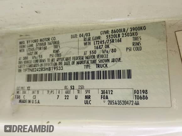 2003 Ford Econoline Cargo z VIN 1FTNE24283HB19533, wystawiony jako IAAI lot #42357493 z przebiegiem 254 496 mil mil oraz . Historia ofert i sprzedaży dostępna na DreamBid. Obrazek 9.