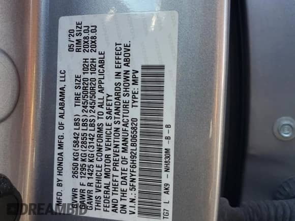 2020 Honda Pilot Touring 8-Passenger z VIN 5FNYF6H92LB065820, wystawiony jako Copart lot #70042265 z przebiegiem 106 102 mil mil oraz Szkoda całkowita • Salvage title. Historia ofert i sprzedaży dostępna na DreamBid. Obrazek 13.