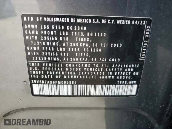 2023 Volkswagen Tiguan SE with VIN 3VV3B7AX6PM095989, listed as a Copart auction lot 67713945 with 5,928 mi miles and Salvage title. Bid and sale history available at DreamBid. Image 14.