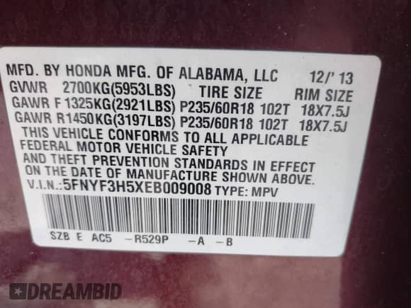 2014 Honda Pilot EX-L with VIN 5FNYF3H5XEB009008, listed as a IAAI auction lot 43024881 with 119,646 mi miles and . Bid and sale history available at DreamBid. Image 9.