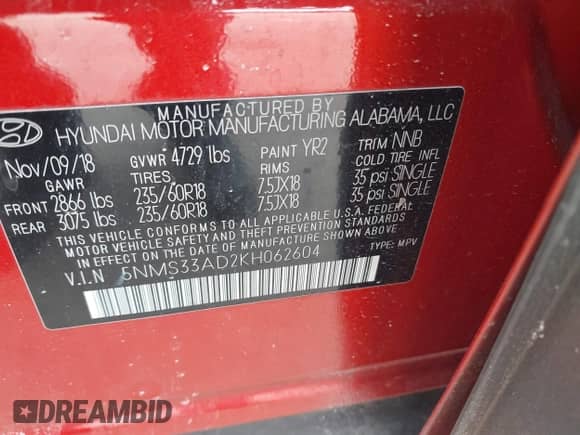 2019 Hyundai Santa Fe SEL with VIN 5NMS33AD2KH062604, listed as a IAAI auction lot 41543643 with 74,407 mi miles and . Bid and sale history available at DreamBid. Image 9.