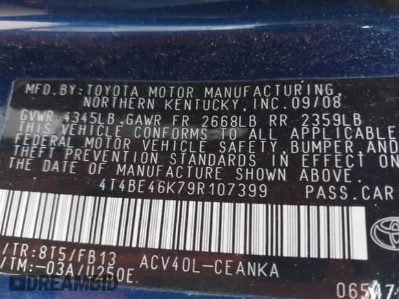 2009 Toyota Camry LE with VIN 4T4BE46K79R107399, listed as a IAAI auction lot 43162849 with 234,207 mi miles and . Bid and sale history available at DreamBid. Image 9.