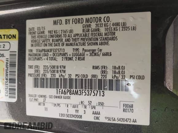 2015 Ford Mustang V6 with VIN 1FA6P8AM3F5375713, listed as a IAAI auction lot 42489865 with 111,925 mi miles and . Bid and sale history available at DreamBid. Image 9.