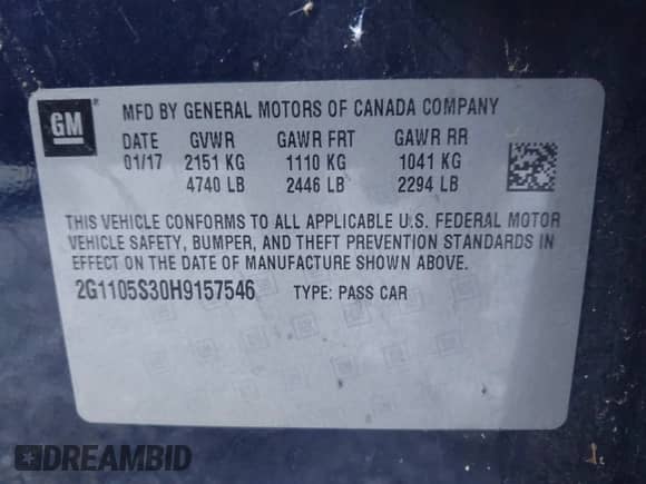 2017 Chevrolet Impala LT with VIN 2G1105S30H9157546, listed as a IAAI auction lot 43354969 with 165,924 mi miles and . Bid and sale history available at DreamBid. Image 9.