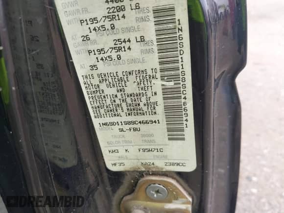 1995 Nissan Frontier with VIN 1N6SD11S8SC466941, listed as a IAAI auction lot 42716288 with 179,999 mi miles and . Bid and sale history available at DreamBid. Image 9.