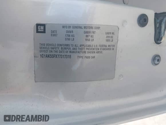 2007 Chevrolet Cobalt LS с VIN 1G1AK55FX77317318, выставлен на аукционе IAAI как лот 43343033 с пробегом 80 011 миль миль и . История ставок и продаж доступна на DreamBid. Изображение 9.
