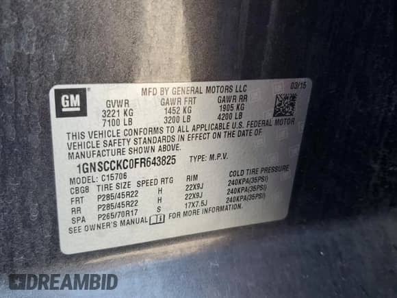 2015 Chevrolet Tahoe LTZ with VIN 1GNSCCKC0FR643825, listed as a Copart auction lot 81731565 with 194,892 mi miles and Salvage title. Bid and sale history available at DreamBid. Image 14.